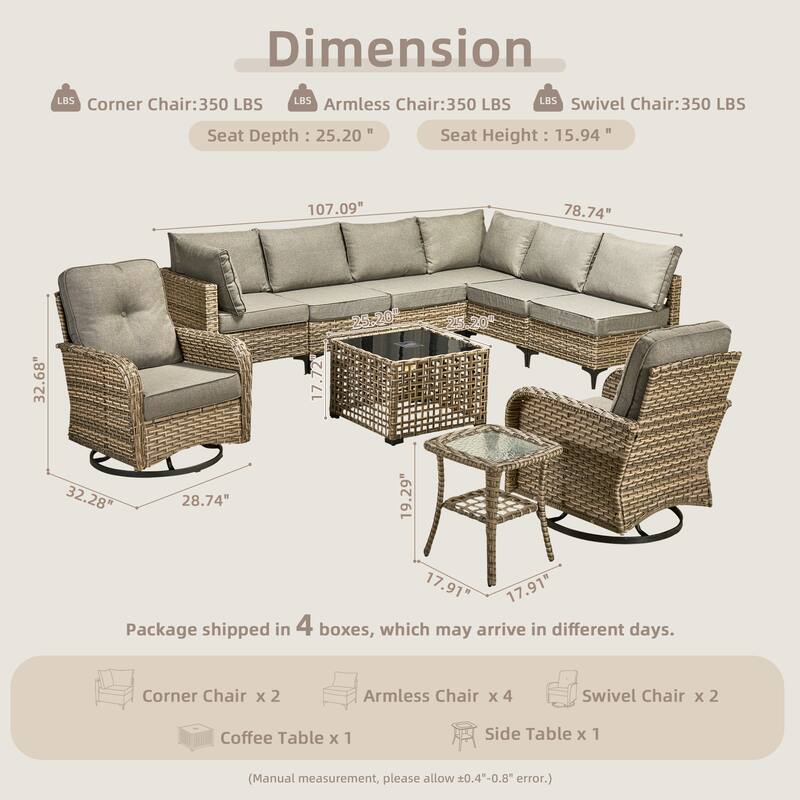 OVIOS 10 Pieces Outdoor Wicker Swivel Chair Set With Solar-Powered Coffee Table