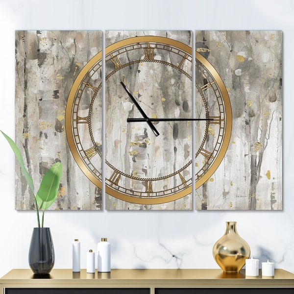 slide 2 of 6, Designart 'The Modern Grey Forest III' Glam 3 Panels Oversized Wall CLock - 36 in. wide x 28 in. high - 3 panels