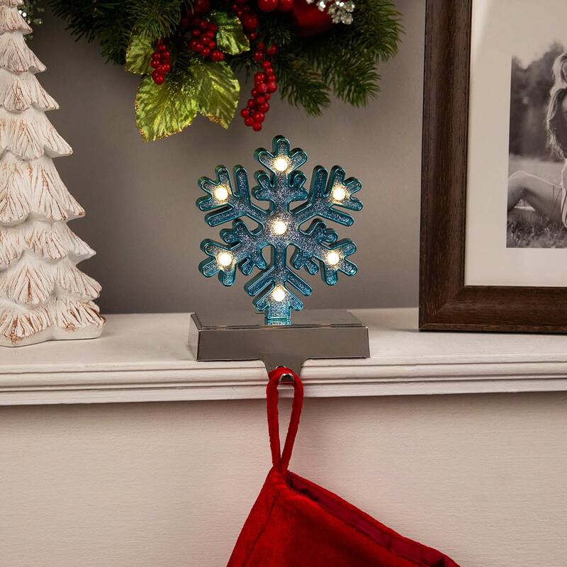 LED Lighted Glittered Snowflake Christmas Stocking Holder - 6.5" - Blue