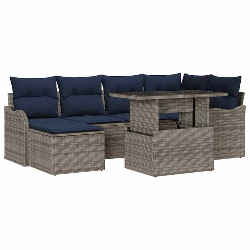 vidaXL 7 Garden Sofa Set with Cushions Black/Brown/Grey Poly Rattan - 91.5 x 48.2 x 27.2