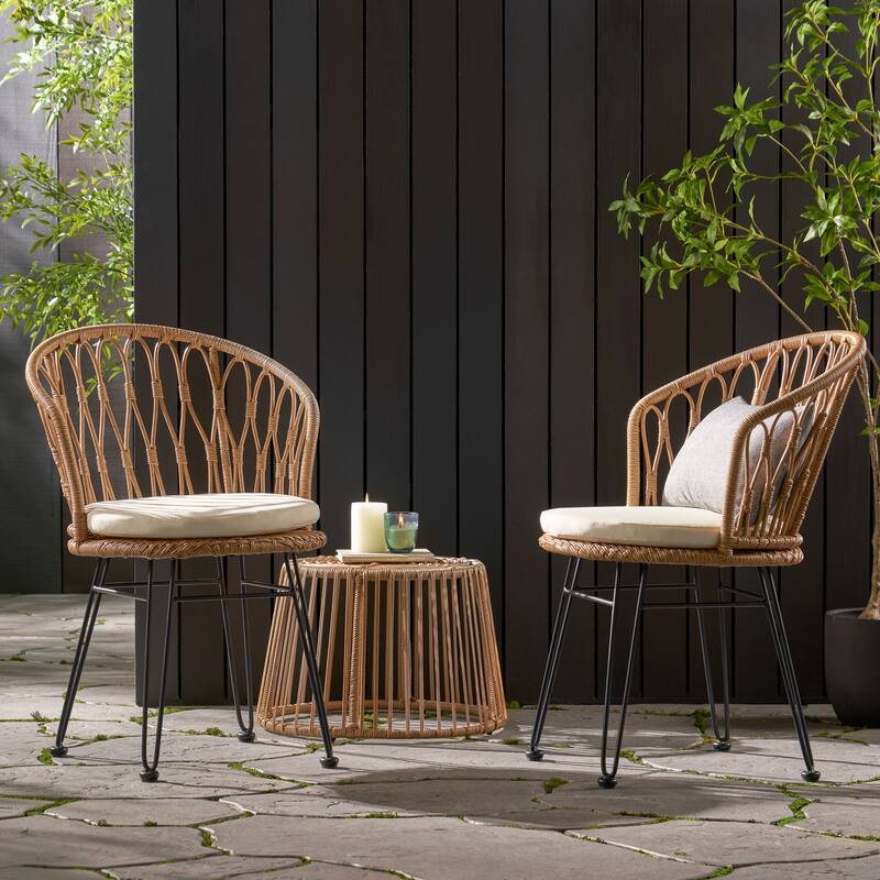 Tavon Wicker Outdoor 3 Piece Chat Set with Cushions by Christopher Knight Home - Light Brown/Beige/Black