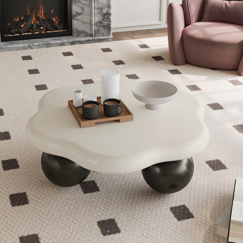 Cloud Shaped Coffee Table, Petal-Shaped Modern Minimalist Coffee Table with Spherical Legs - White Black