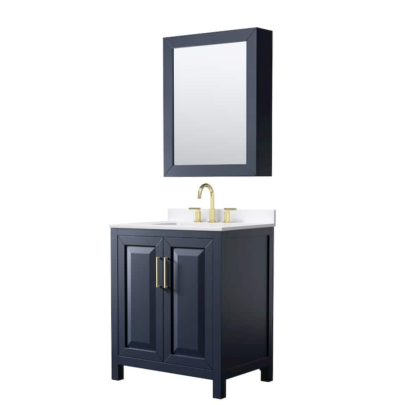 Wyndham Collection WCV252530S-QTZ-US3MED Daria 30" Free Standing - Dark Blue / White Quartz Top / Brushed Gold