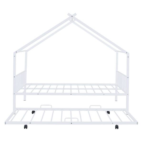 slide 2 of 12, Full Size Metal House Bed with Twin Size Trundle & Slats, Kids Bed Frame with Headboard & Footboard, for Kids Girls Boys, White White - Full