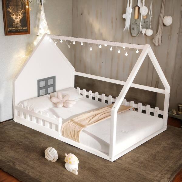 slide 2 of 11, White Wood Playful Full Size House Bed Kids Bed with LED,Window and Fence White