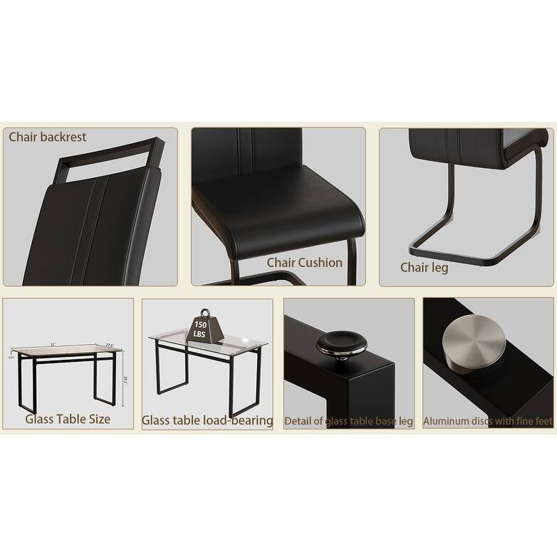5-Piece Modern Glass Dining Table Set with 4 PU Upholstered Chairs