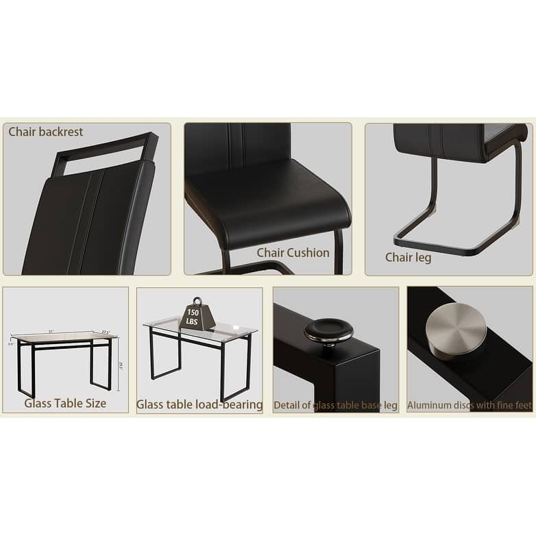 Modern 5-Piece Dining Set with Rectangular Glass Table & High Back Metal C-shaped Tube Chairs