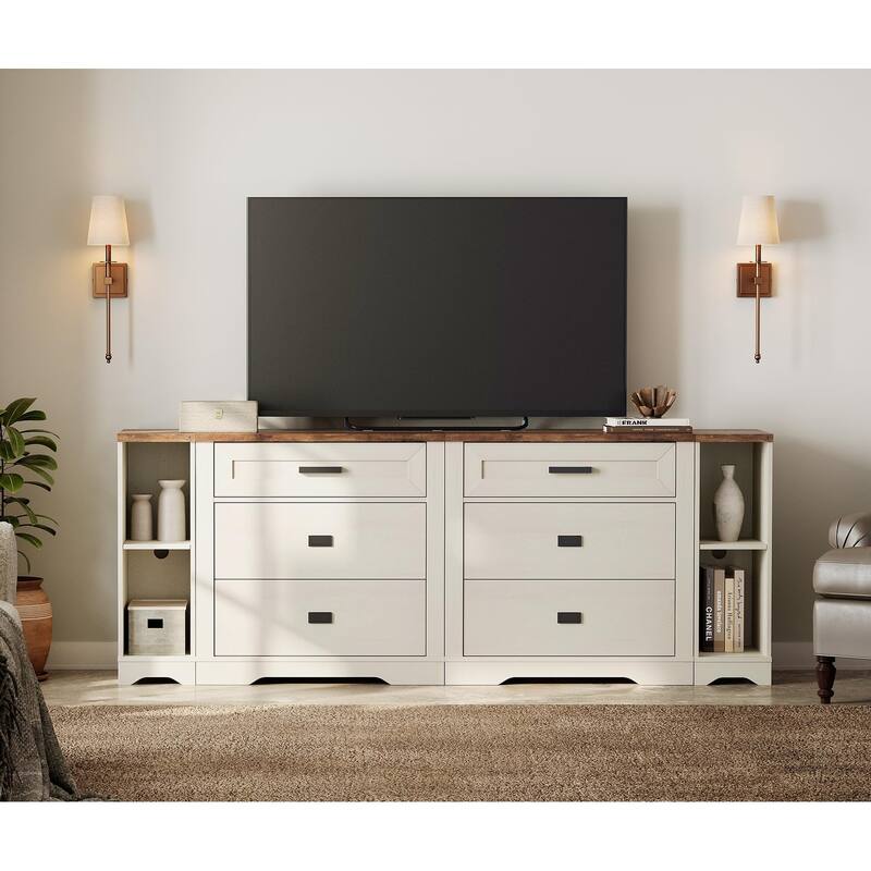 WAMPAT Farmhouse 4 in 1 Dresser TV Stand with 6 Drawers and Open Storage