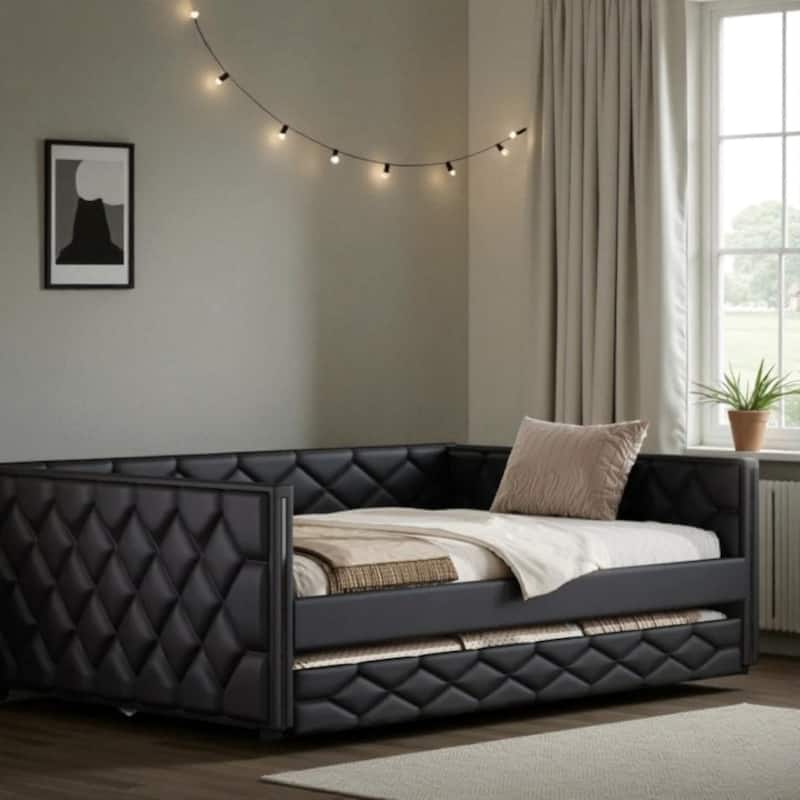 Full XL Upholstered Daybed with Trundle and LED Armrests, PU Leather Sofa Bed with Pull-Out Guest Bed - Black - Full