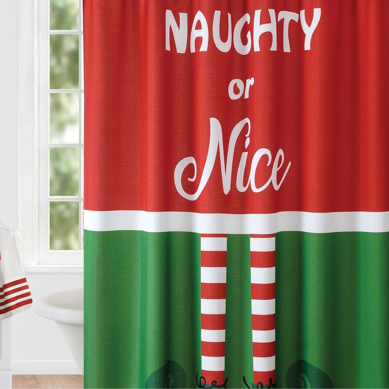 Elf Naughty or Nice Christmas Holiday Fabric Shower Curtain