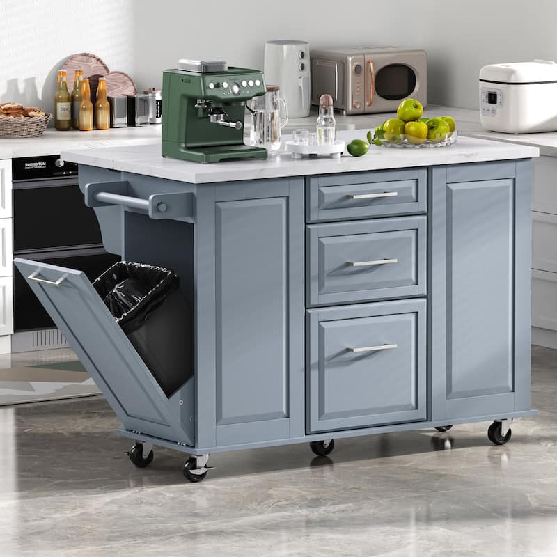 50.7" Kitchen Island with Storage and Concealed Trash Can, Rolling Kitchen Island on 5 Wheels with Drop Leaf, Drawers and Door