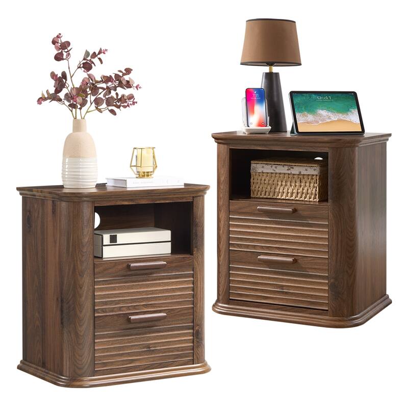22" Fluted Night Stand with Charging Station, End Table with 2 Drawers & Open Storage, Side Tables Curved Profile Design