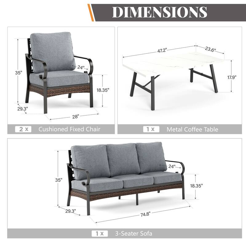 MAISON ARTS 5-Seat Outdoor Patio Furniture Sets, 2 x Cushioned Chairs, 1 x 3-Seat Sofa with Marbling Coffee Table