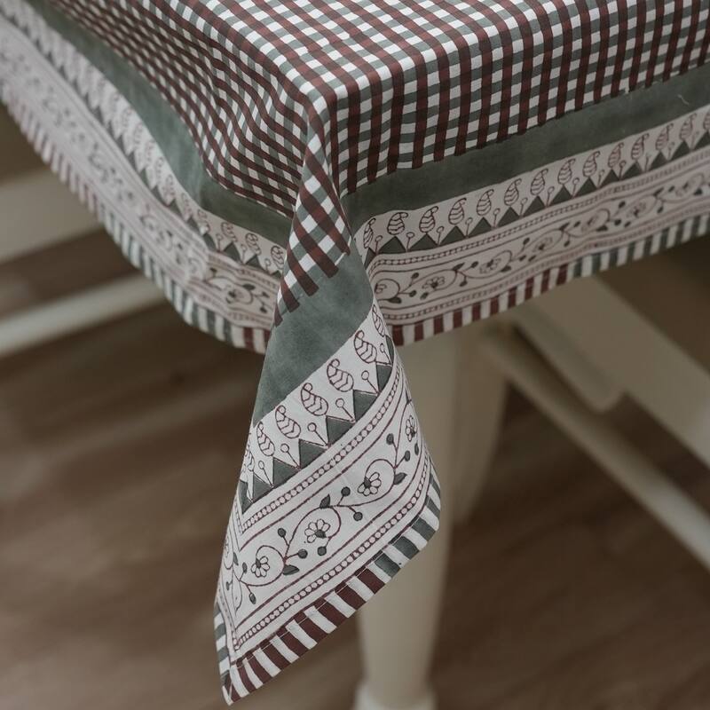 Fabdivine Handmade Block Print Cotton Brown Table Cover or Cloth Dining, Farmhouse & Kitchen Décor