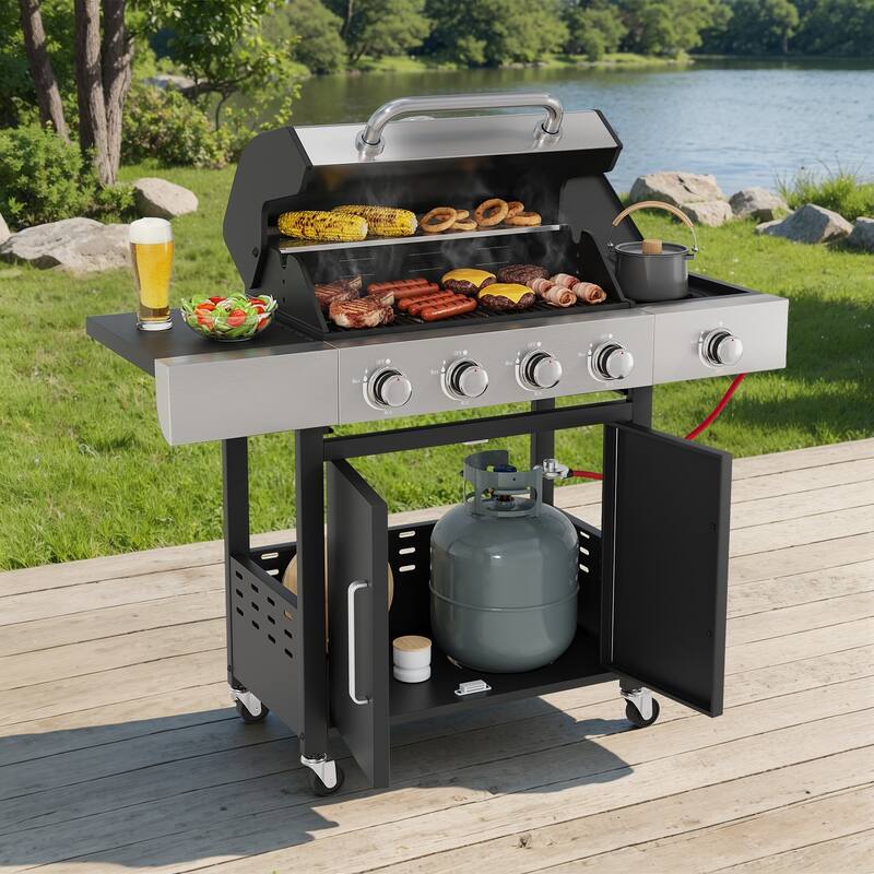 4-Burner Outdoor Gas Grill with Side Burner, 304 Stainless Steel Tabletop & Lid, Portable for Patio, Garden, Backyard