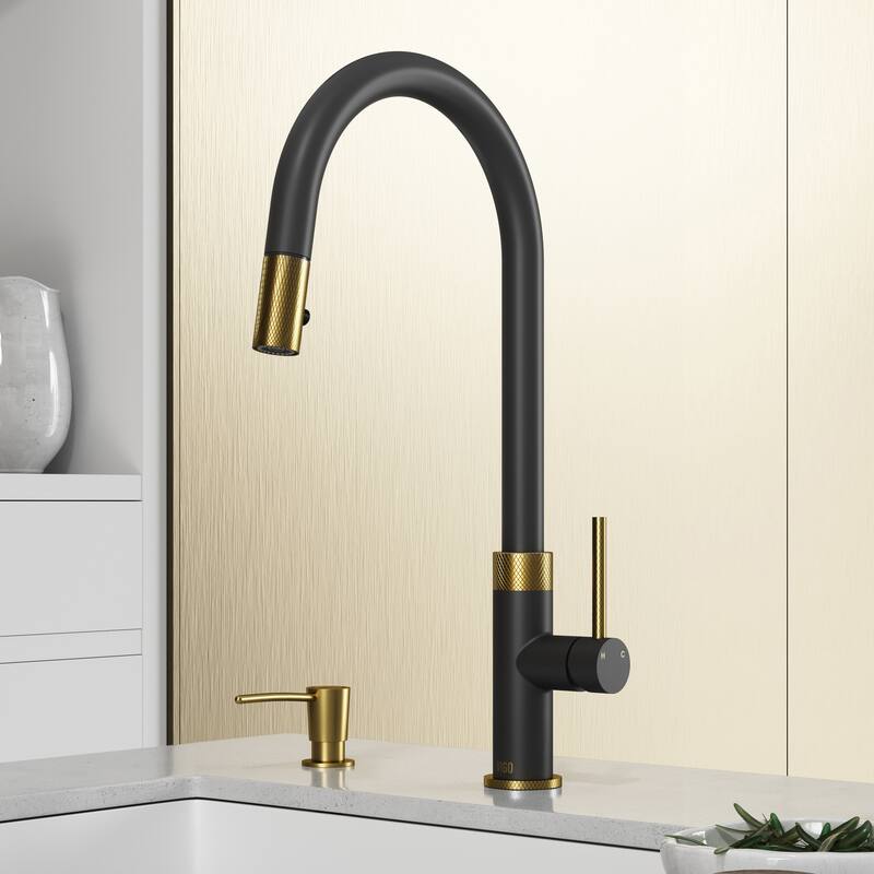 VIGO Bristol 19" H Single Handle Pull-Down Sprayer Kitchen Faucet - With Soap Dispenser - Matte Brushed Gold/Matte Black
