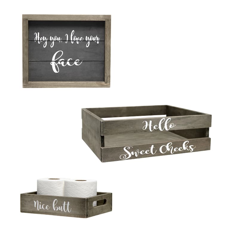 Elegant Designs Three Piece Decorative Wood Bathroom Set - Small - Rustic Gray