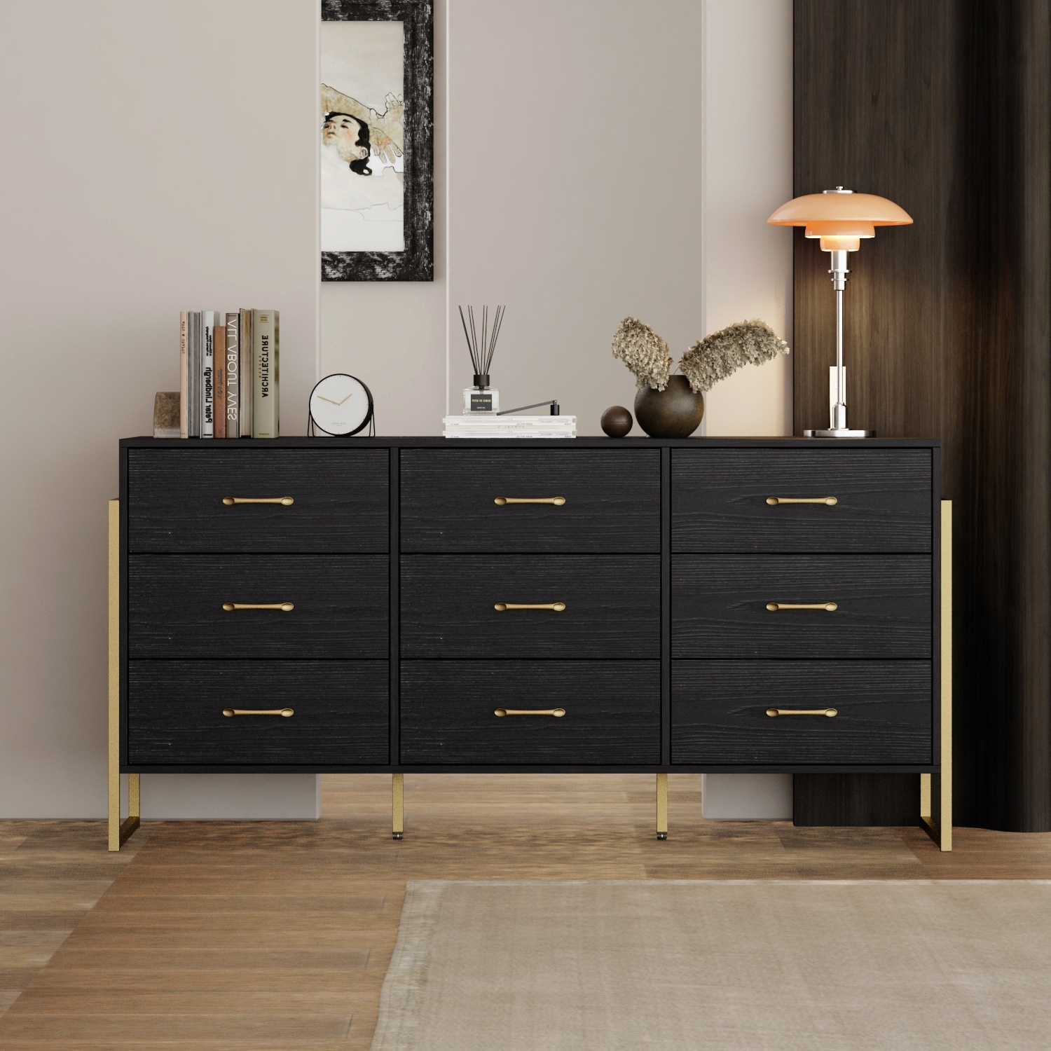 black and gold 9 drawer dresser Elegant 9-Drawer with Accents brand-type_0