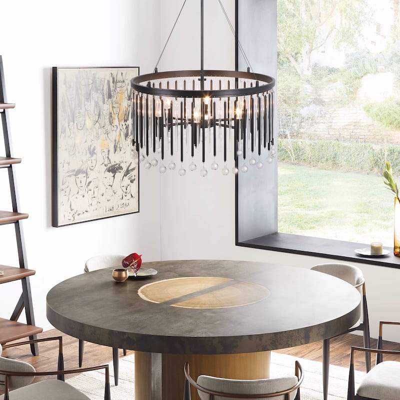 6-Light Modern Black Drum Raindrop Crystal Chandelier with Metal and Crystal Rods - 24.02 in. W x 31.5 in. H