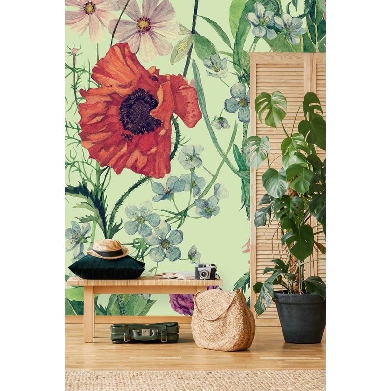 Green Wallpaper with Poppies Peel and Stick and Prepasted Bed Bath