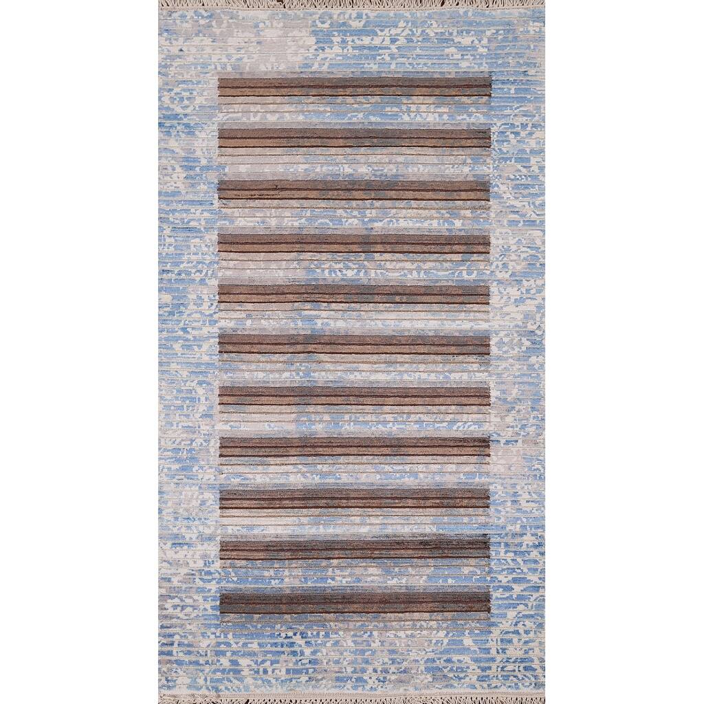 Striped / Modern Abstract Foyer Rug Hand-Knotted Wool Carpet - 2'8" x 4'7"