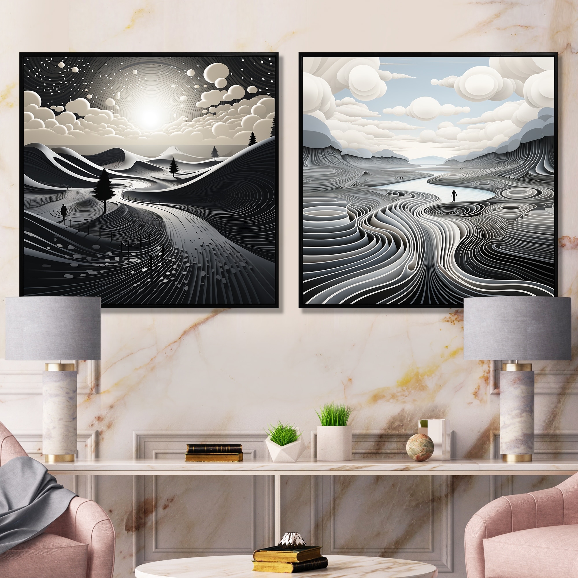 Designart "White And Black Abstract Line Mountain Landscape I" Fruits Framed Wall Art - Traditional Wall Decor 2 Pieces