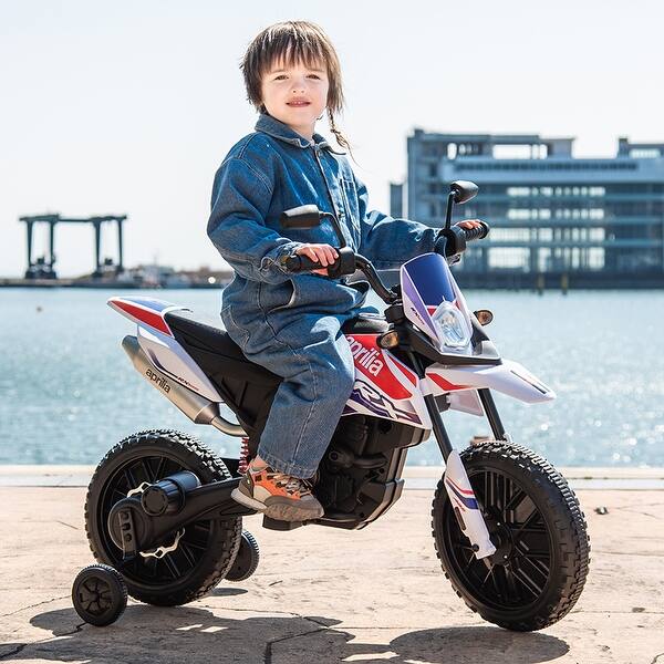 slide 2 of 25, 12V Kids Electric Motorcycle, Apulia Licensed, Battery-Powered Ride-On with LED Headlights, 2-Wheel, Ages 3-8 White
