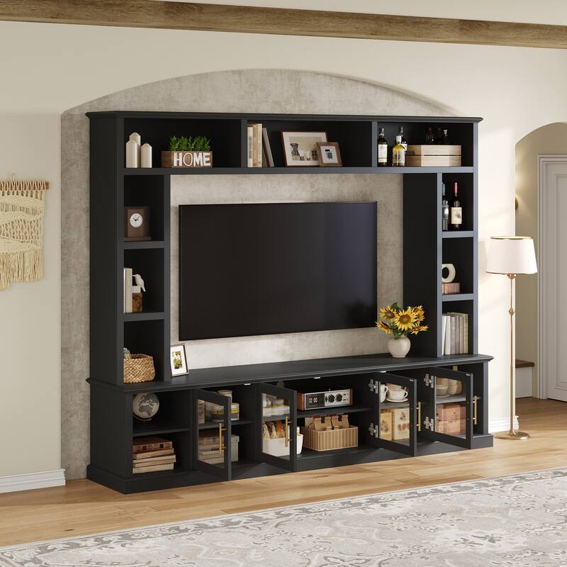 Entertainment Center Wall Unit for up to 80" TV, TV Stand with Bookshelves & Tempered Glass Doors