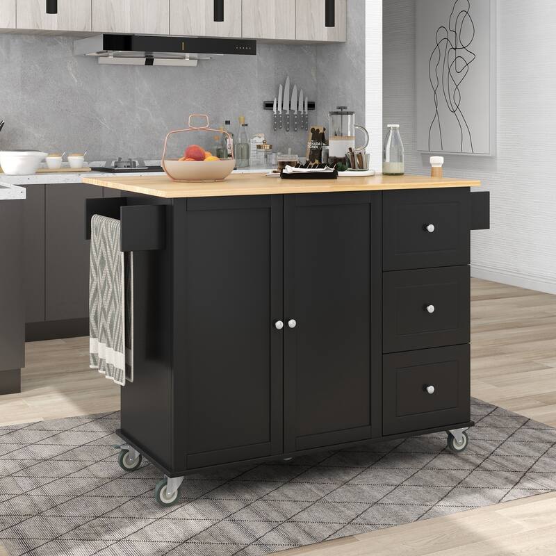 52.76'' Solid wood Kitchen Island with Locking Wheels, Drop Leaf, Adjustable Shelf and 3 Drawers - 52.76'' x 29.5'' x 36.81''