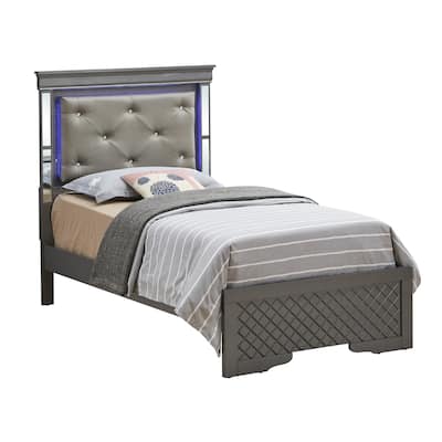 Twin Size Wood Platform Bed with LED Headboard and Jeweled Tufted Upholstery