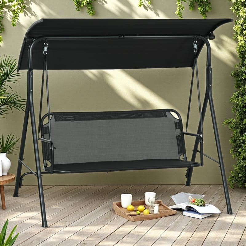 Steel 3-Seat Patio Swing with Stand and Removable Cushion - Outdoor Canopy Swing (529lb Capacity) - Black