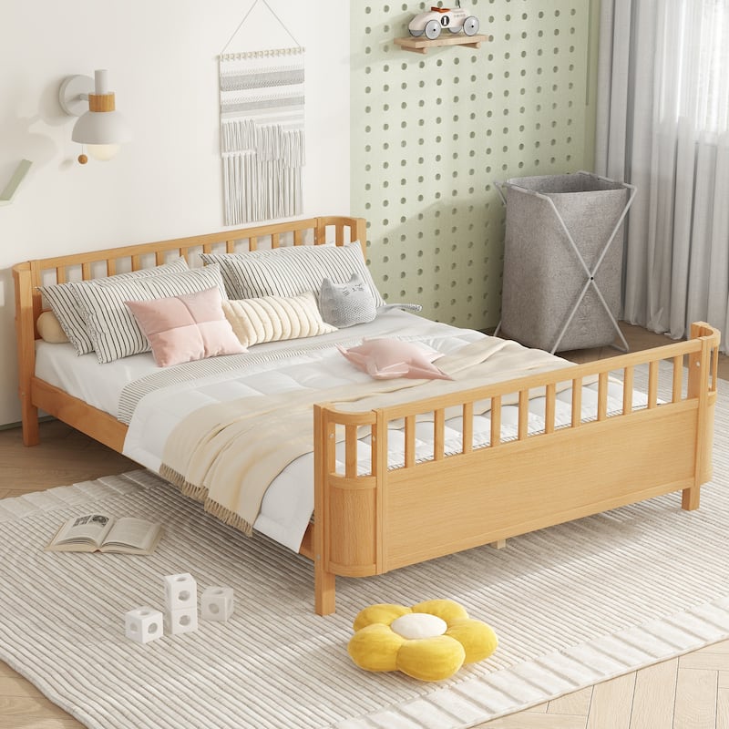 Multi Size Low Platform Bed for Kids with Rounded Corners Guardrails, Detachable Right-side Fence and Open Left-side Design