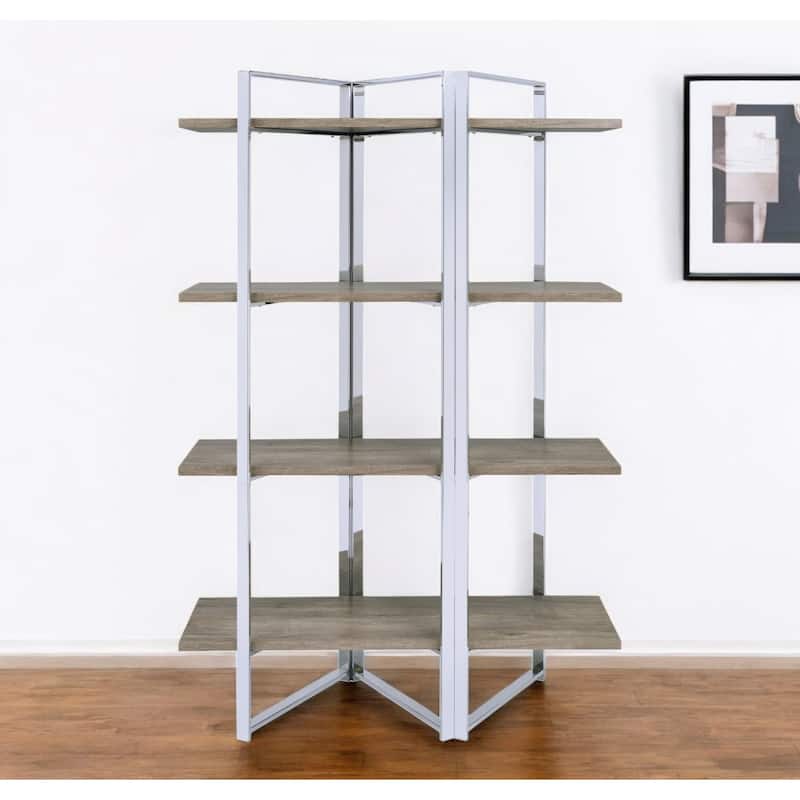 HomeRoots 72" Natural And Silver Metal and Wood Four Tier Etagere Bookcase - Natural