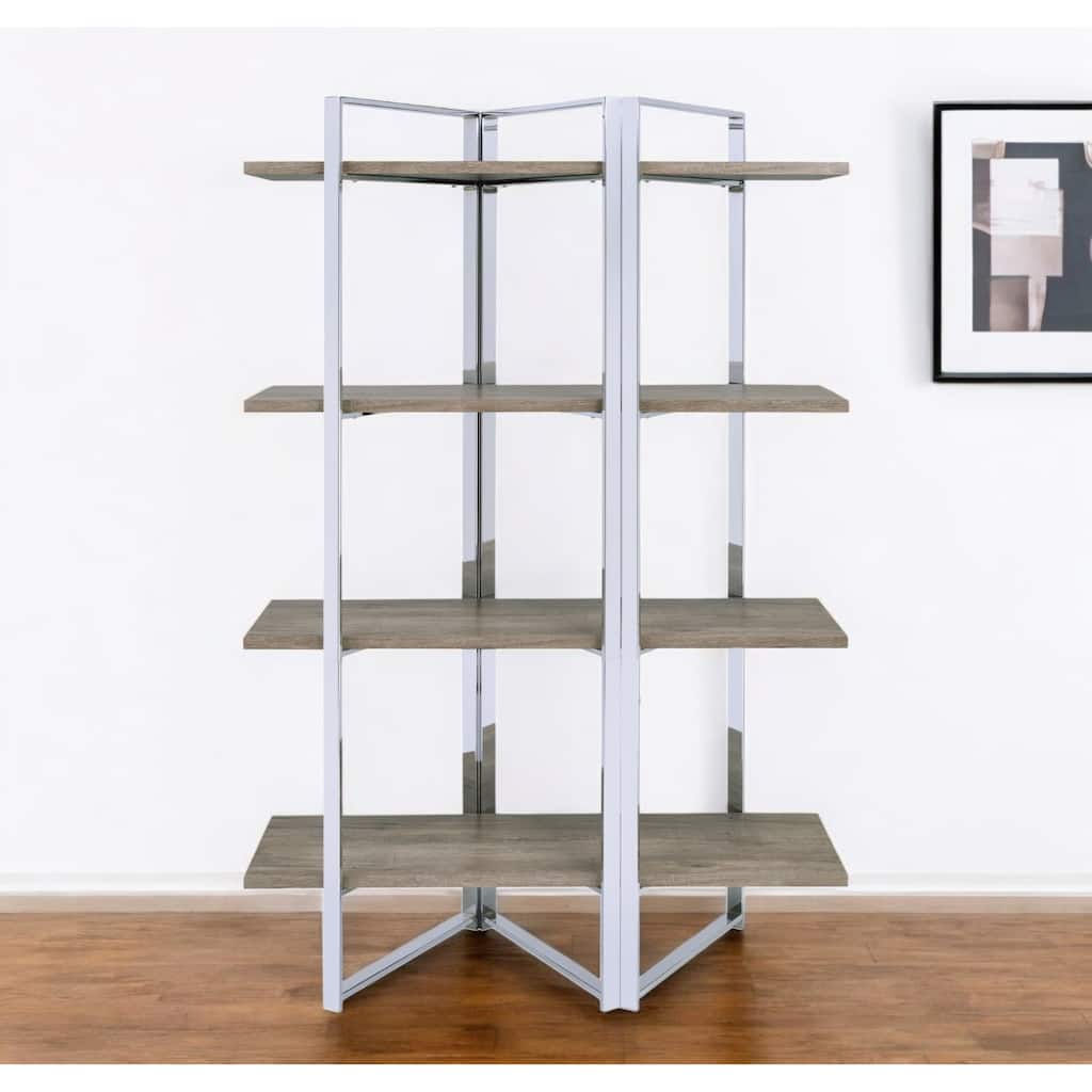 HomeRoots 72" Natural And Silver Metal and Wood Four Tier Etagere Bookcase