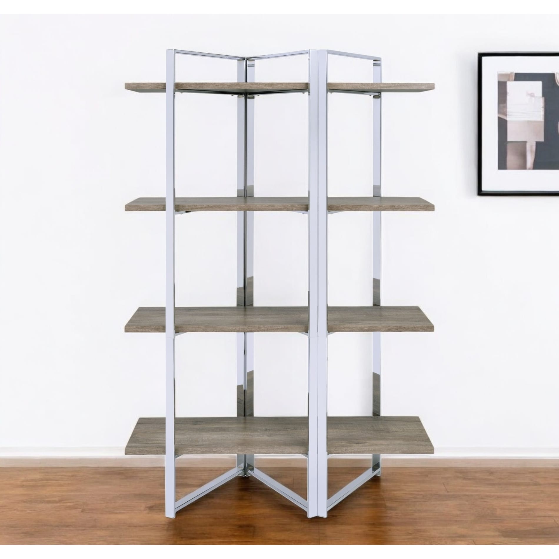 HomeRoots 72" Natural And Silver Metal and Wood Four Tier Etagere Bookcase