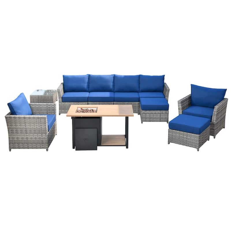 HOOOWOOO 10-piece Grey Wicker Patio Outdoor Furniture Set with Fire Pit