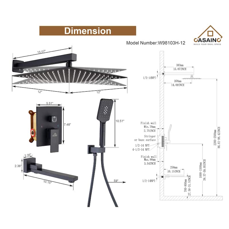 1-Handle 3-Spray Pattern 12 in. Wall Mount Shower Set Shower Head, Tub and Shower Faucet - 12 inch