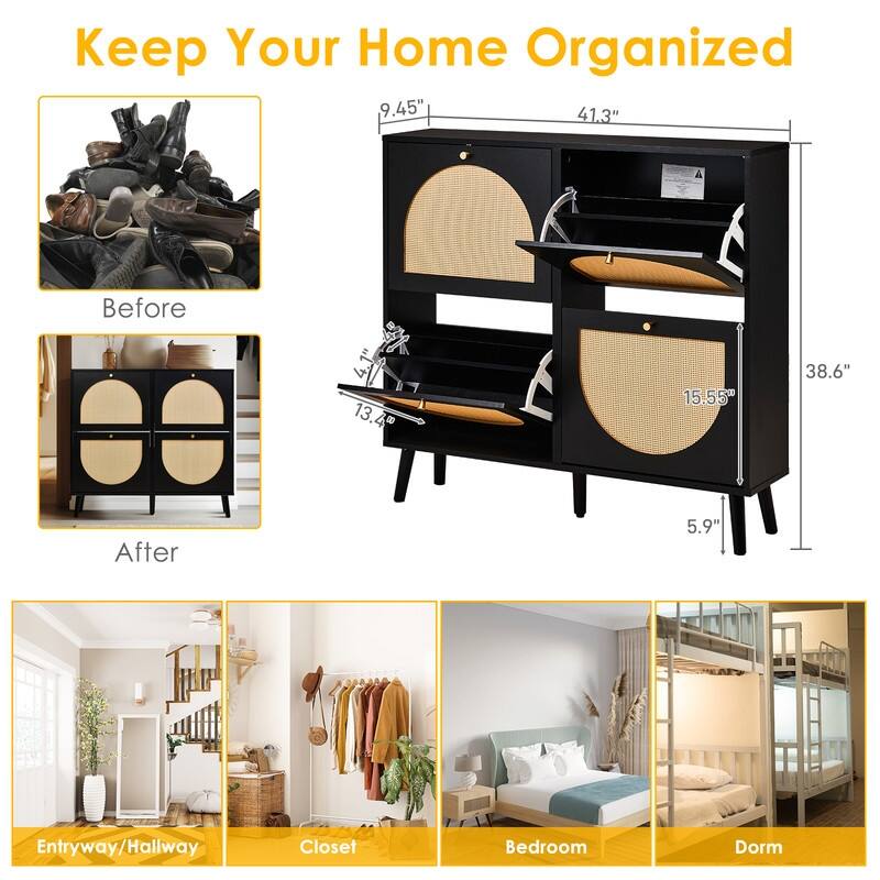 Rattan Shoe Cabinet with 2 / 4 Flip Drawers, Narrow Shoe Storage Cabinet,Organizer for Entryway, Bedroom, Living Room