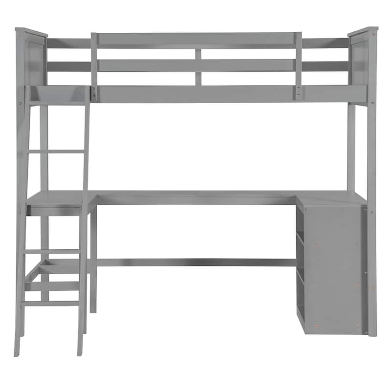 Integrated Study Area - Wood Twin Size Loft Bed with Built-in U-shaped Desk and Bookcase for Boys, Girls Bedroom