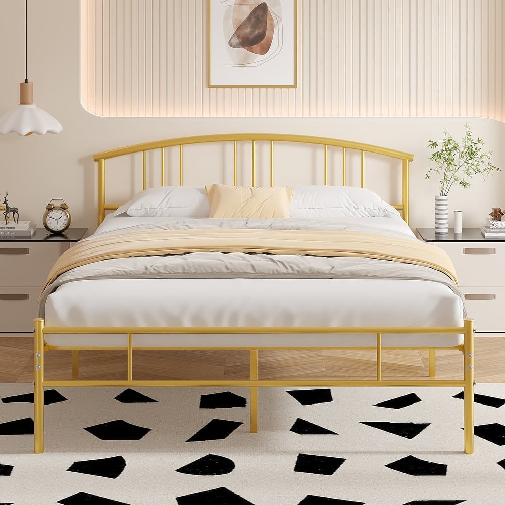 VECELO Metal Platform Bed Frame with Curved Slatted Headboard No Box Spring Needed Heavy Duty Bed for Adults Kids