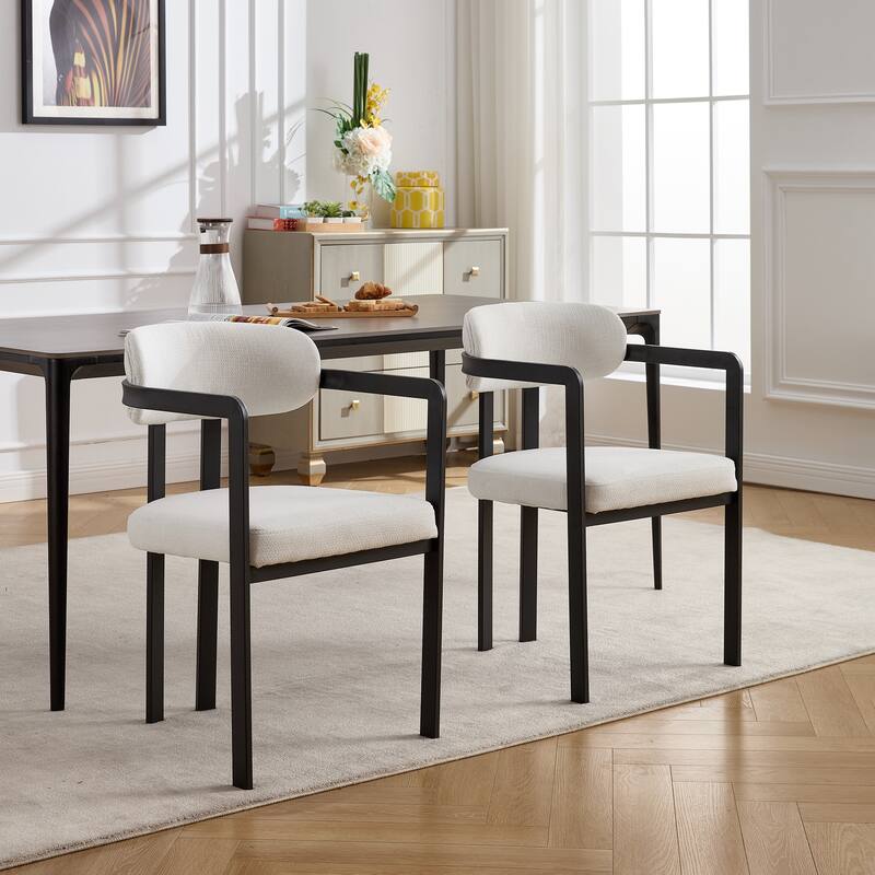 Mid-Century Modern Dining Chairs Set of 2 - Boucle Upholstered Seats with Black Metal Legs‌