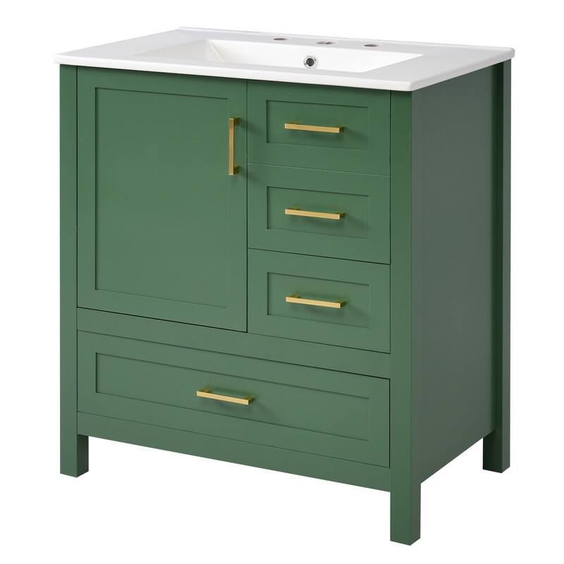 30" Bathroom Vanity with Ceramic Sink Top, Modern Bathroom Storage Cabinet with Soft Close Door, 3 Drawers and Removable Tray