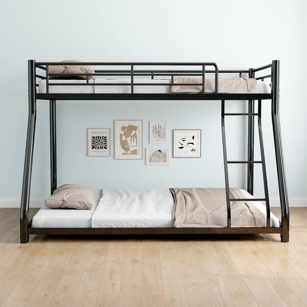 slide 2 of 20, Twin over Full Size Metal Bunk Bed, Heavy-duty with Guardrail Black