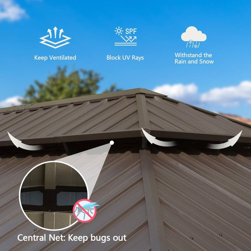 14x24FT Hardtop Gazebo with Galvanized Steel Roof, Aluminum Frame, Built-in Gutter, Curtains & Netting for Patio Garden