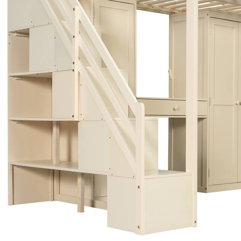 Full Size Loft Bed Frame for Kids with Storage Staircase, Wardrobe, Cabinets, USB, LED and Dressing Table with Mirror and Drawer