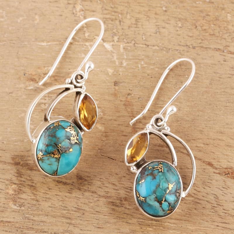 Handmade Sterling Silver Mystique Citrine Turquoise Dangling Earrings (India)