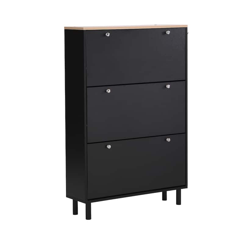 Roomfitters Narrow Tipping Bucket Shoe Cabinet with 3 Flip Compartments, Wood Grain Top Entryway Organizer with Hooks