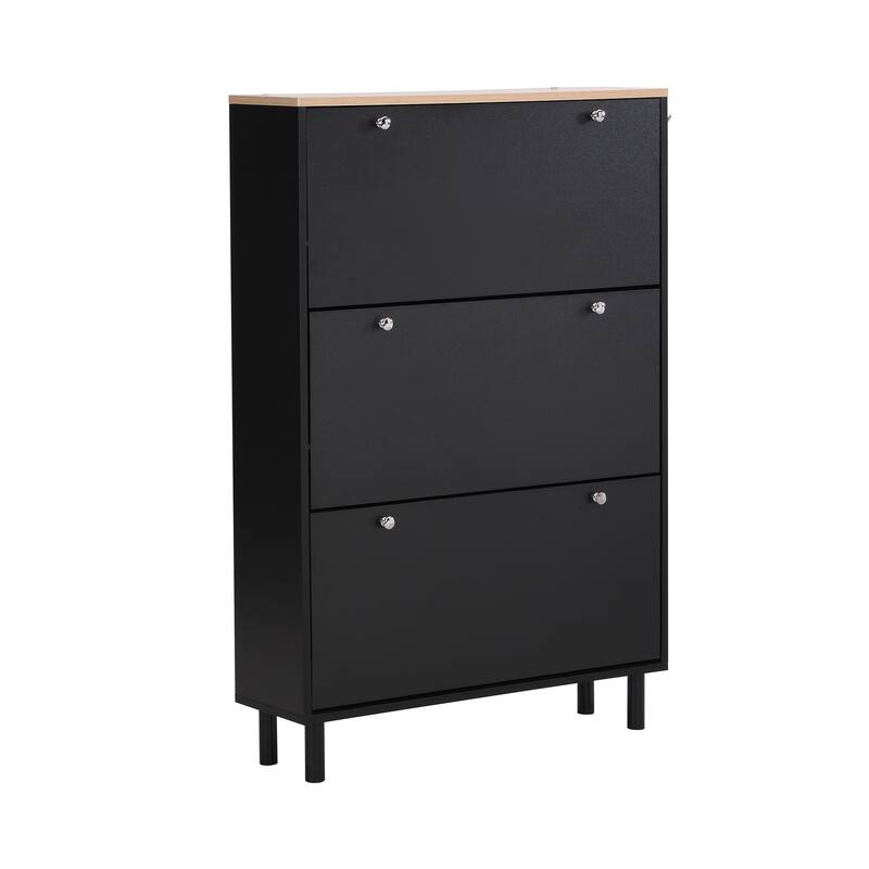 Sleek Narrow Shoe Cabinet with Adjustable Shelves & 3 Flip Drawers, Wood Grain Finish for Entryway Storage