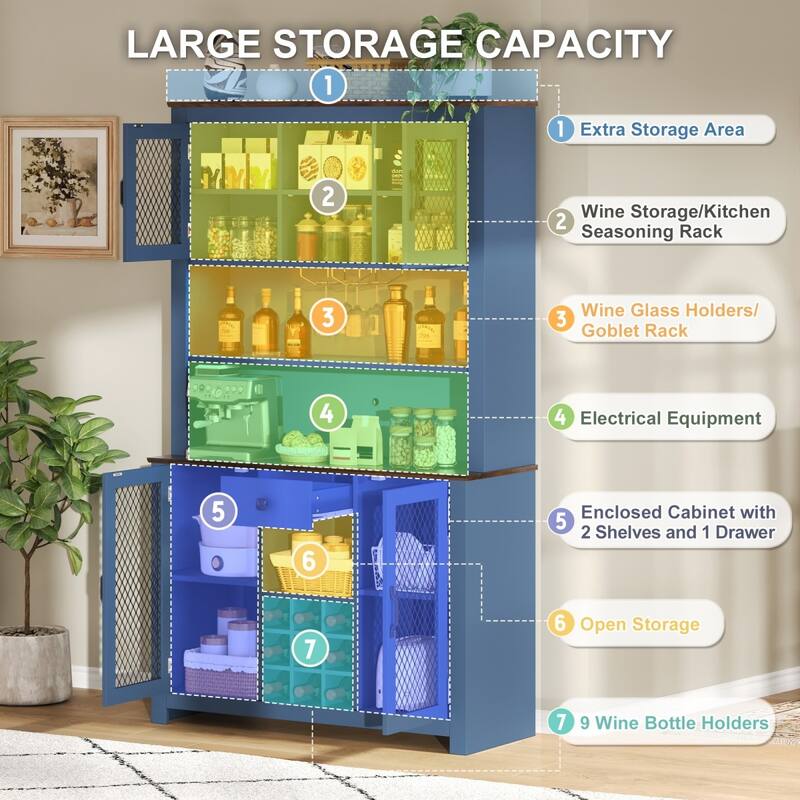 70.9" Kitchen Pantry Storage Cabinet with LED Light Strip, Power and USB Outlets