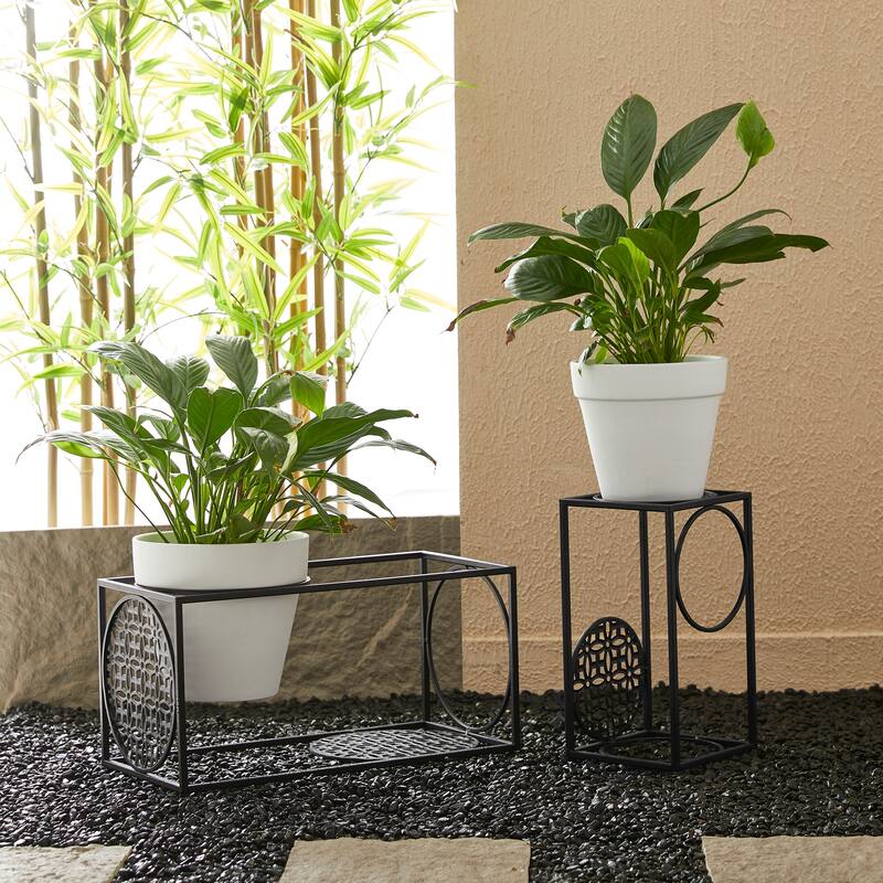 Glitzhome Set of 2 Black Metal Wire Rectangular Nesting Planter Stand Side Table
